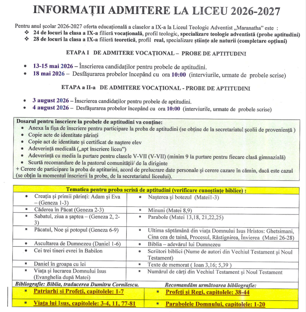 Admitere liceu maranatha 2026