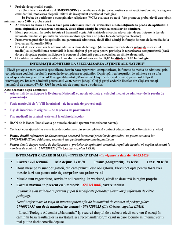 Admitele 2026 LATM - stiinte ale naturii